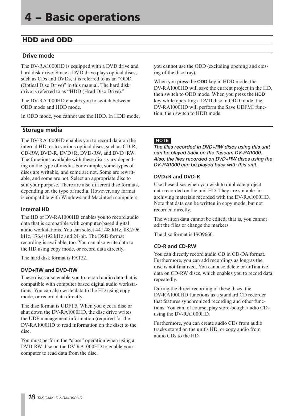 4 − basic operations, Hdd and odd, Drive mode | Storage media, 4 - “basic operations” (p. 18) | Teac DV-RA1000HD User Manual | Page 18 / 68