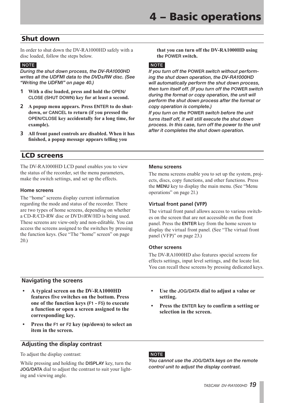 Shut down, Lcd screens, Navigating the screens | Adjusting the display contrast, 4 − basic operations, 1 lcd screens | Teac DV-RA1000HD User Manual | Page 19 / 68