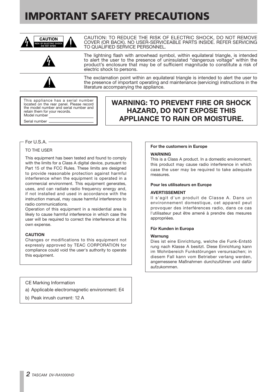 1 − introduction, Important safety precautions | Teac DV-RA1000HD User Manual | Page 2 / 68