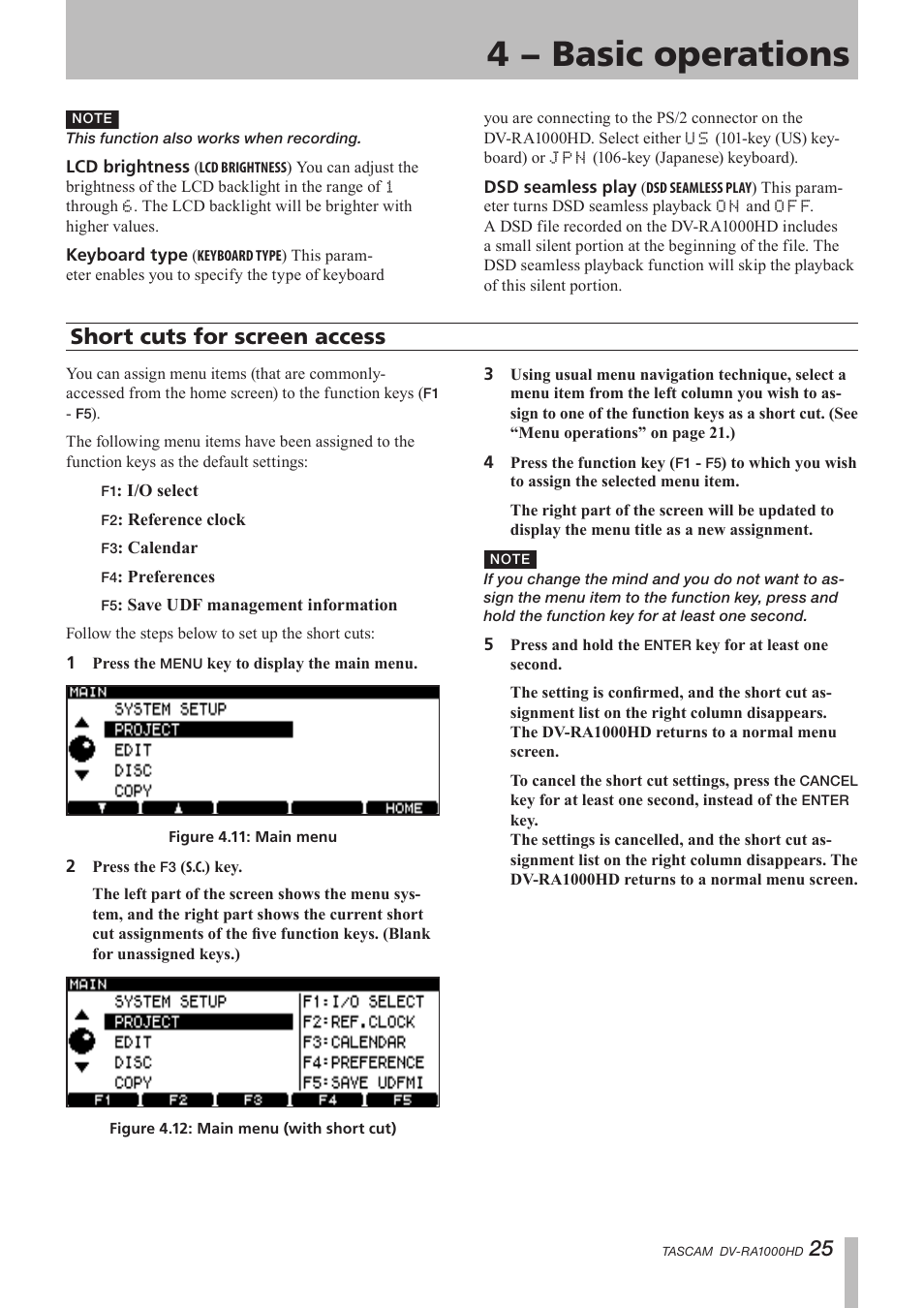 Short cuts for screen access, 4 − basic operations | Teac DV-RA1000HD User Manual | Page 25 / 68