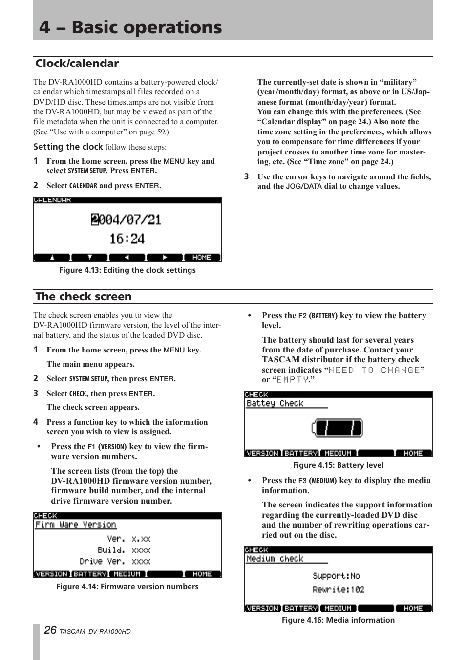 Clock/calendar, 4 − basic operations, The check screen | Teac DV-RA1000HD User Manual | Page 26 / 68