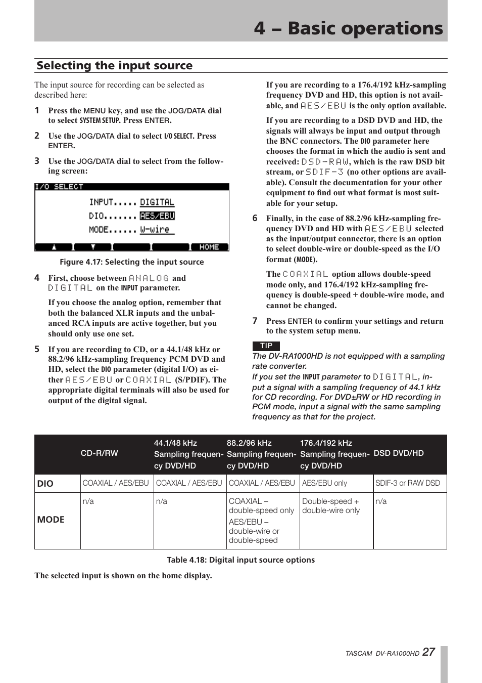 Selecting the input source, 4 − basic operations | Teac DV-RA1000HD User Manual | Page 27 / 68