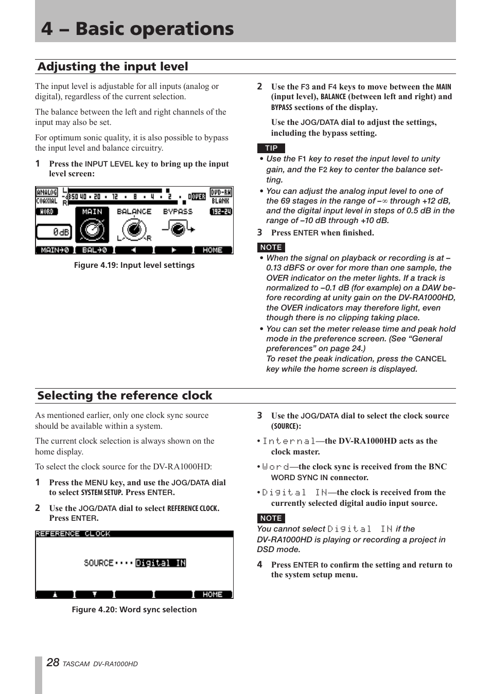 Adjusting the input level, Selecting the reference clock, 4 − basic operations | Teac DV-RA1000HD User Manual | Page 28 / 68