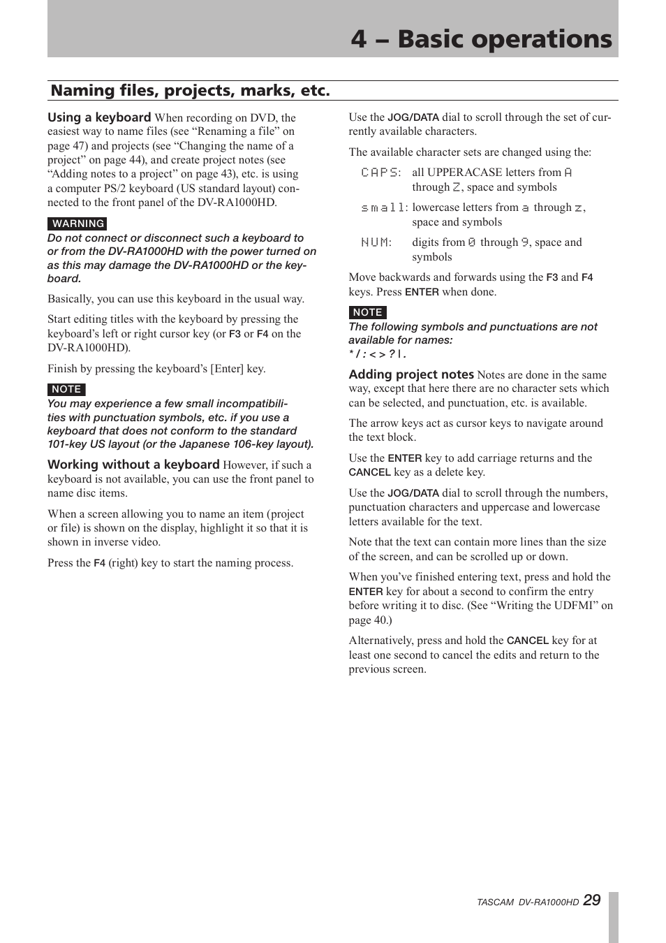 Naming files, projects, marks, etc, 4 − basic operations | Teac DV-RA1000HD User Manual | Page 29 / 68