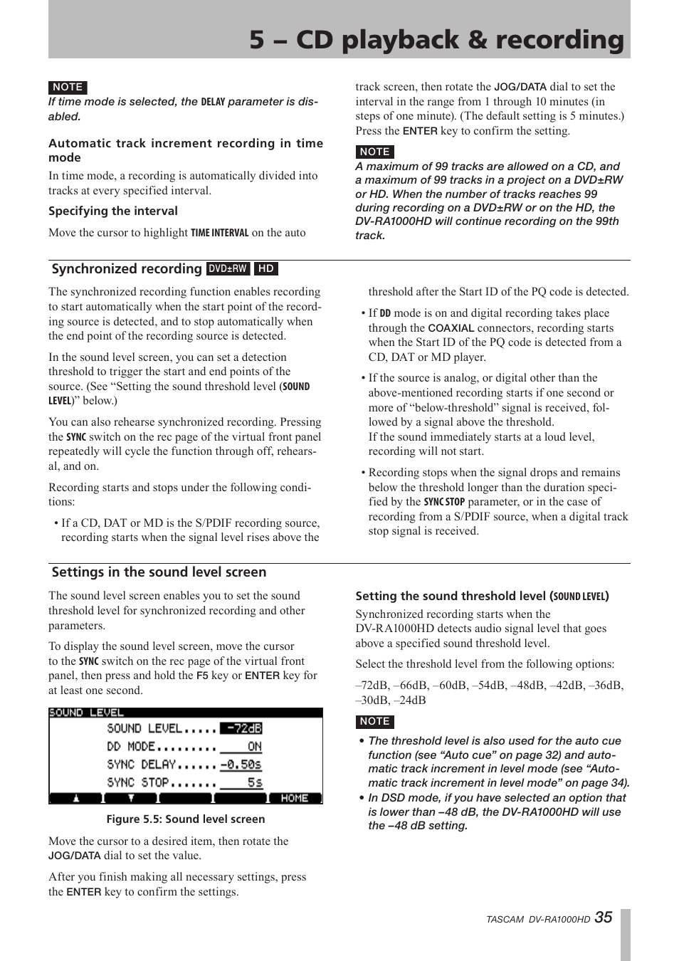 Synchronized recording, Settings in the sound level screen, See “setting the sound threshold level | Sound level, 5 − cd playback & recording | Teac DV-RA1000HD User Manual | Page 35 / 68