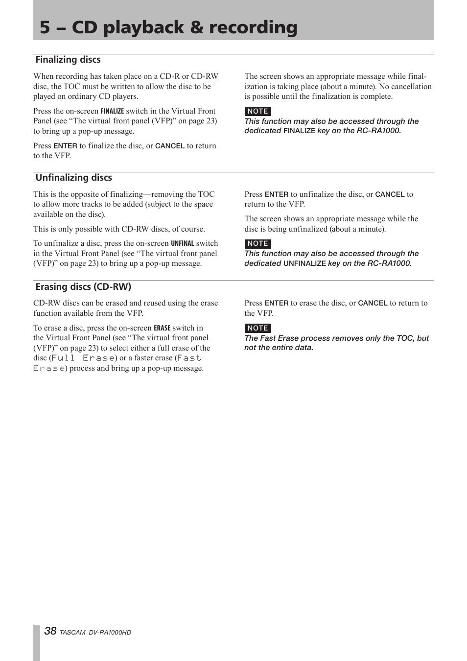 Finalizing discs, Unfinalizing discs, Erasing discs (cd-rw) | 5 − cd playback & recording | Teac DV-RA1000HD User Manual | Page 38 / 68