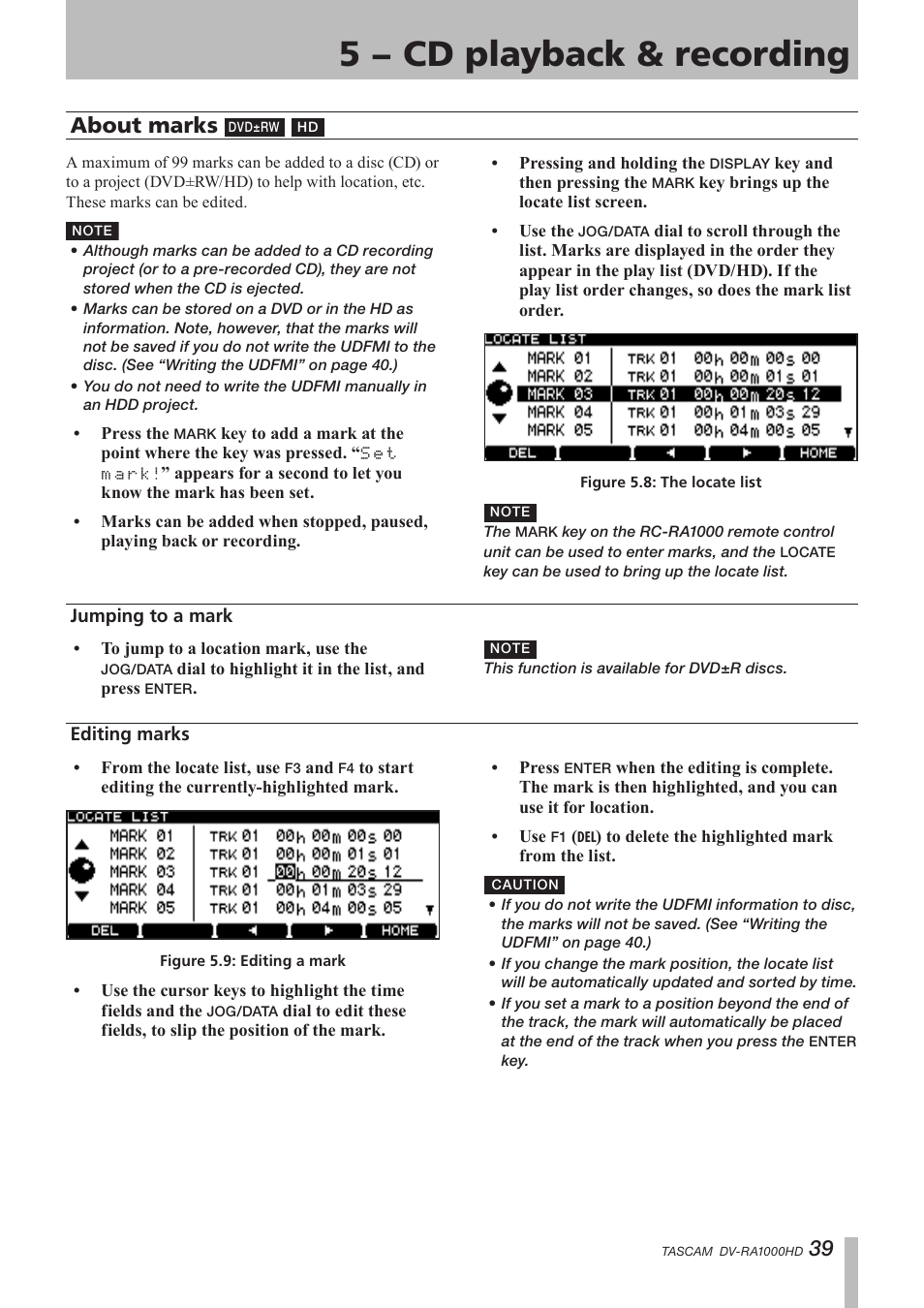 About marks, Jumping to a mark, Editing marks | 5 − cd playback & recording | Teac DV-RA1000HD User Manual | Page 39 / 68