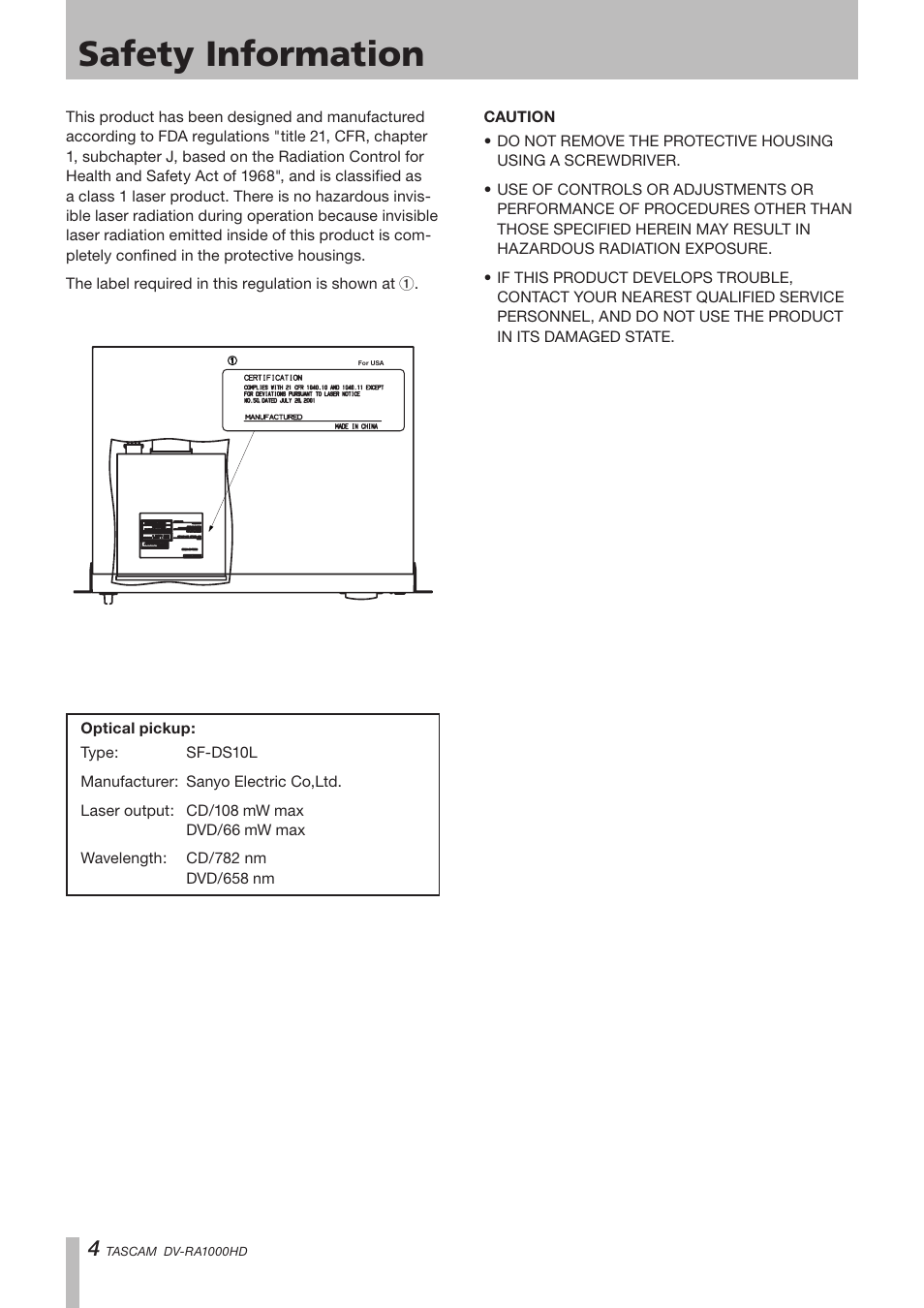 1 − introduction, Safety information | Teac DV-RA1000HD User Manual | Page 4 / 68