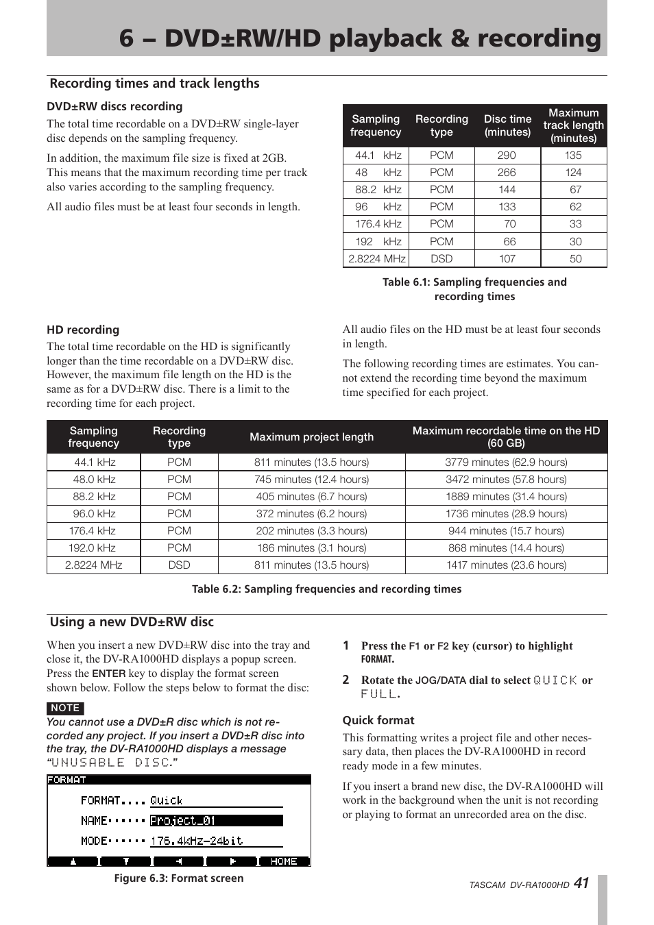 Recording times and track lengths, Using a new dvd±rw disc, 6 − dvd±rw/hd playback & recording | Teac DV-RA1000HD User Manual | Page 41 / 68