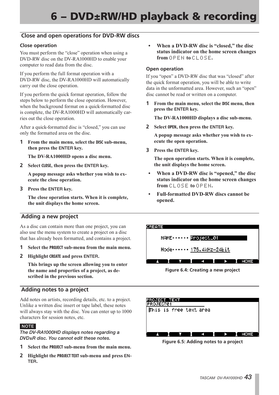 Close and open operations for dvd-rw discs, Adding a new project, Adding notes to a project | The close operations. (see “close and open, 6 − dvd±rw/hd playback & recording | Teac DV-RA1000HD User Manual | Page 43 / 68