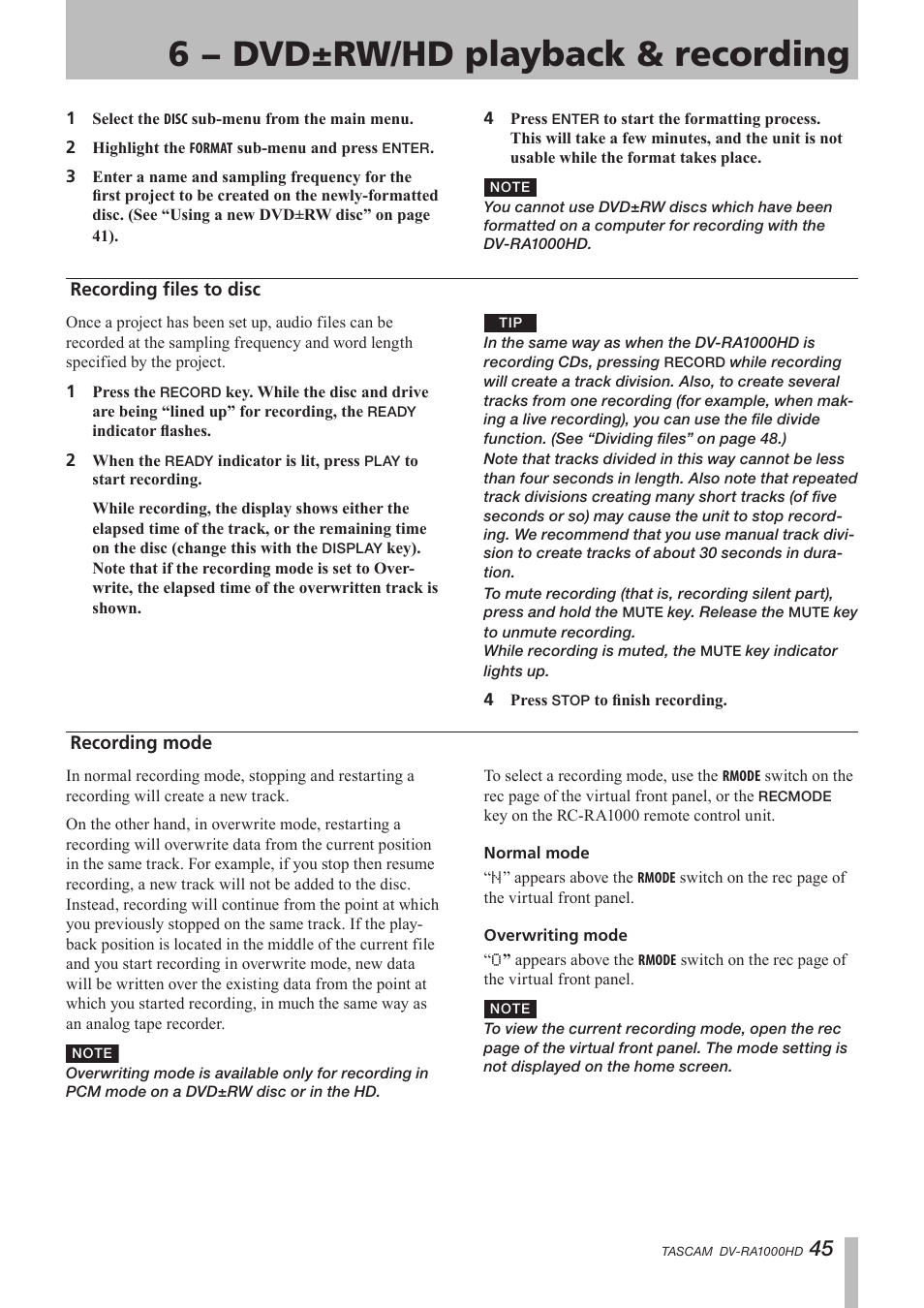 Recording files to disc, Recording mode, 6 − dvd±rw/hd playback & recording | Teac DV-RA1000HD User Manual | Page 45 / 68