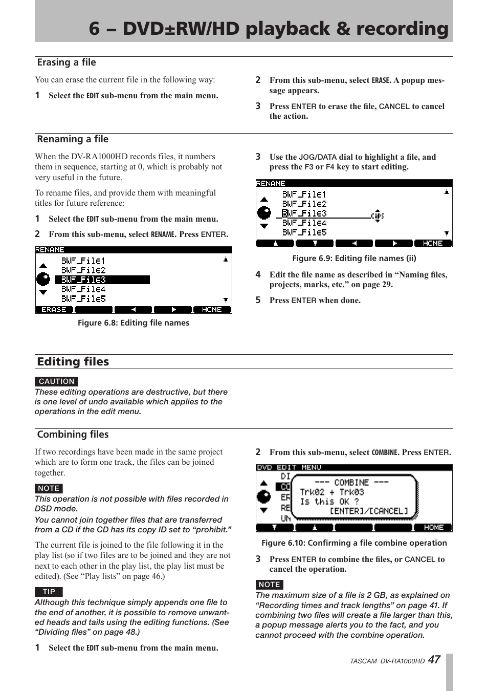 Erasing a file, Renaming a file, Editing files | Combining files, 6 − dvd±rw/hd playback & recording | Teac DV-RA1000HD User Manual | Page 47 / 68