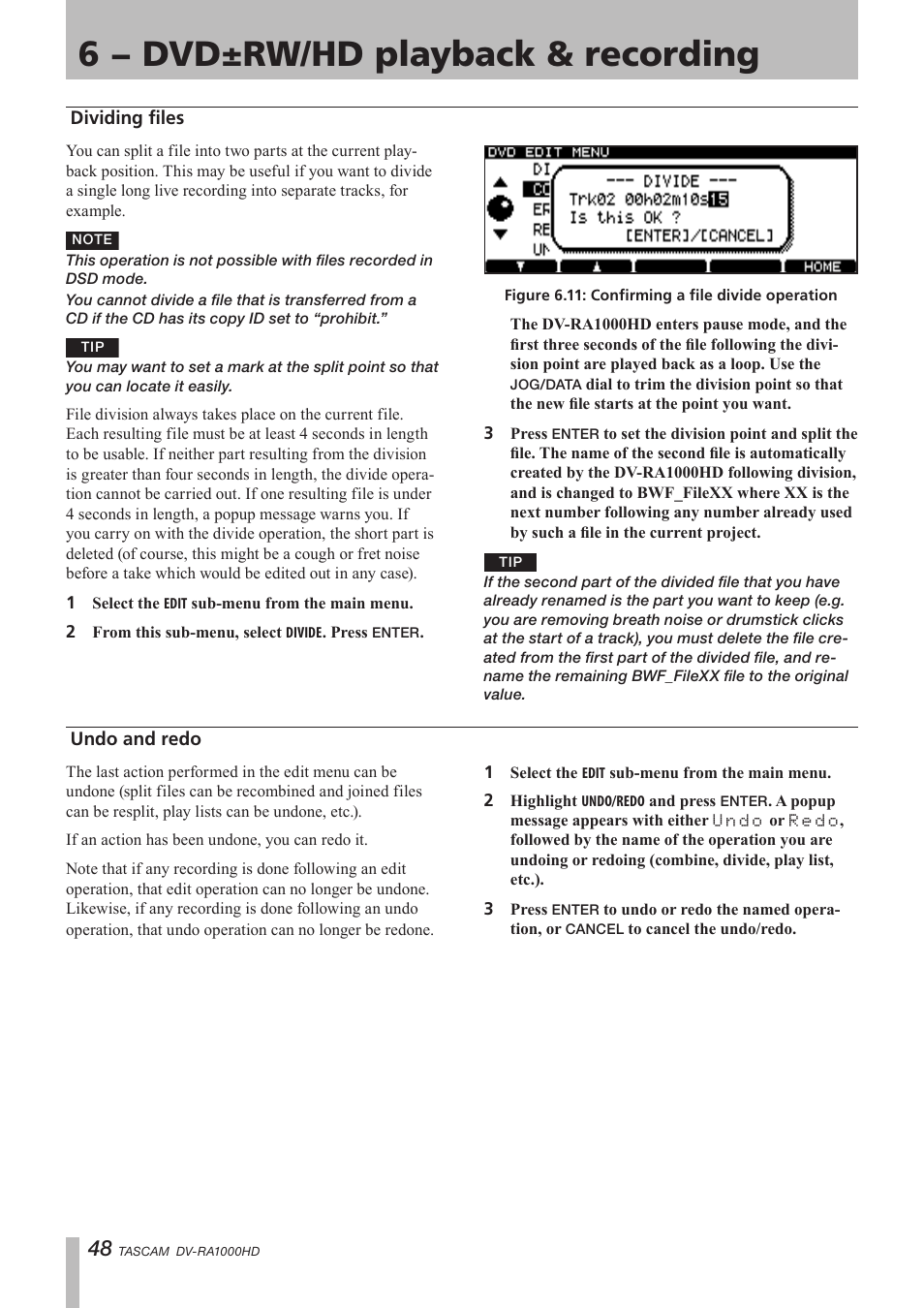 Dividing files, Undo and redo, 6 − dvd±rw/hd playback & recording | Teac DV-RA1000HD User Manual | Page 48 / 68