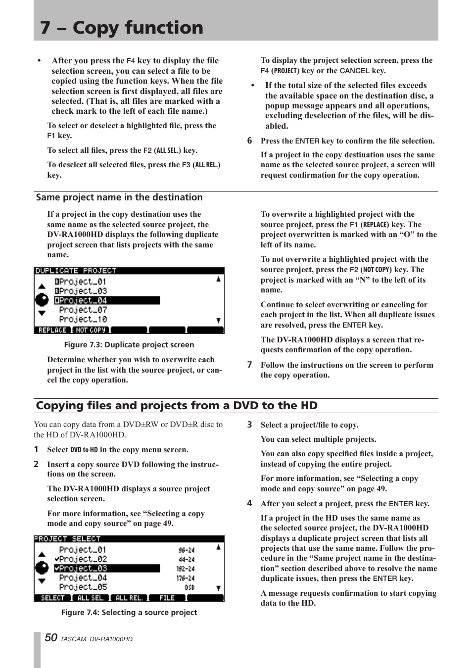 Same project name in the destination, Copying files and projects from a dvd to the hd, 7 − copy function | Teac DV-RA1000HD User Manual | Page 50 / 68