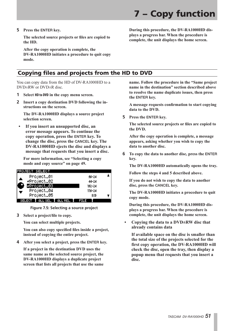 Copying files and projects from the hd to dvd, 7 − copy function | Teac DV-RA1000HD User Manual | Page 51 / 68