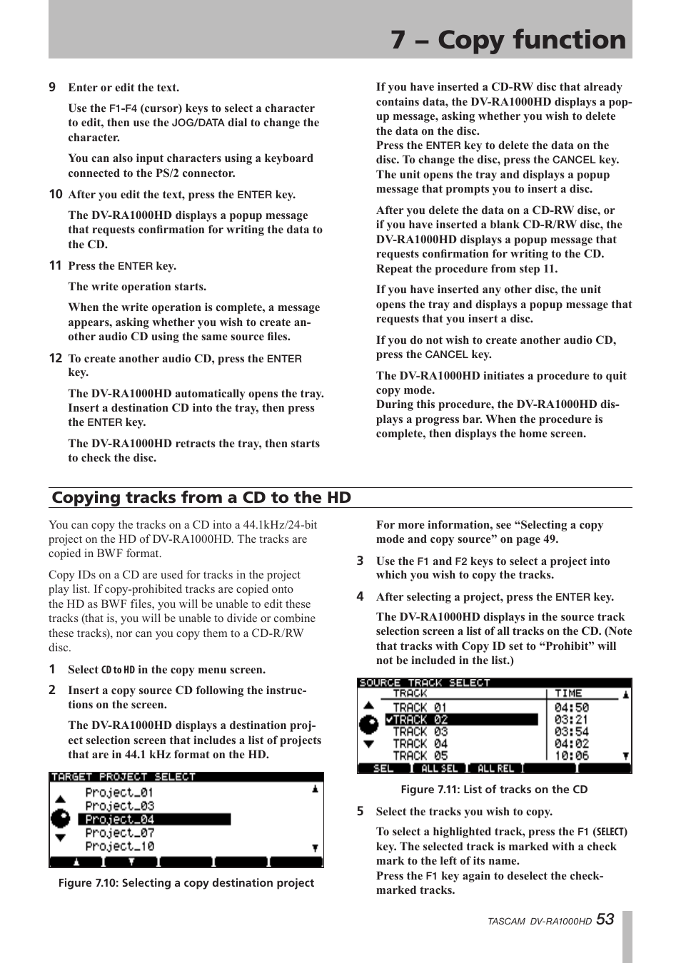 Copying tracks from a cd to the hd, 7 − copy function | Teac DV-RA1000HD User Manual | Page 53 / 68