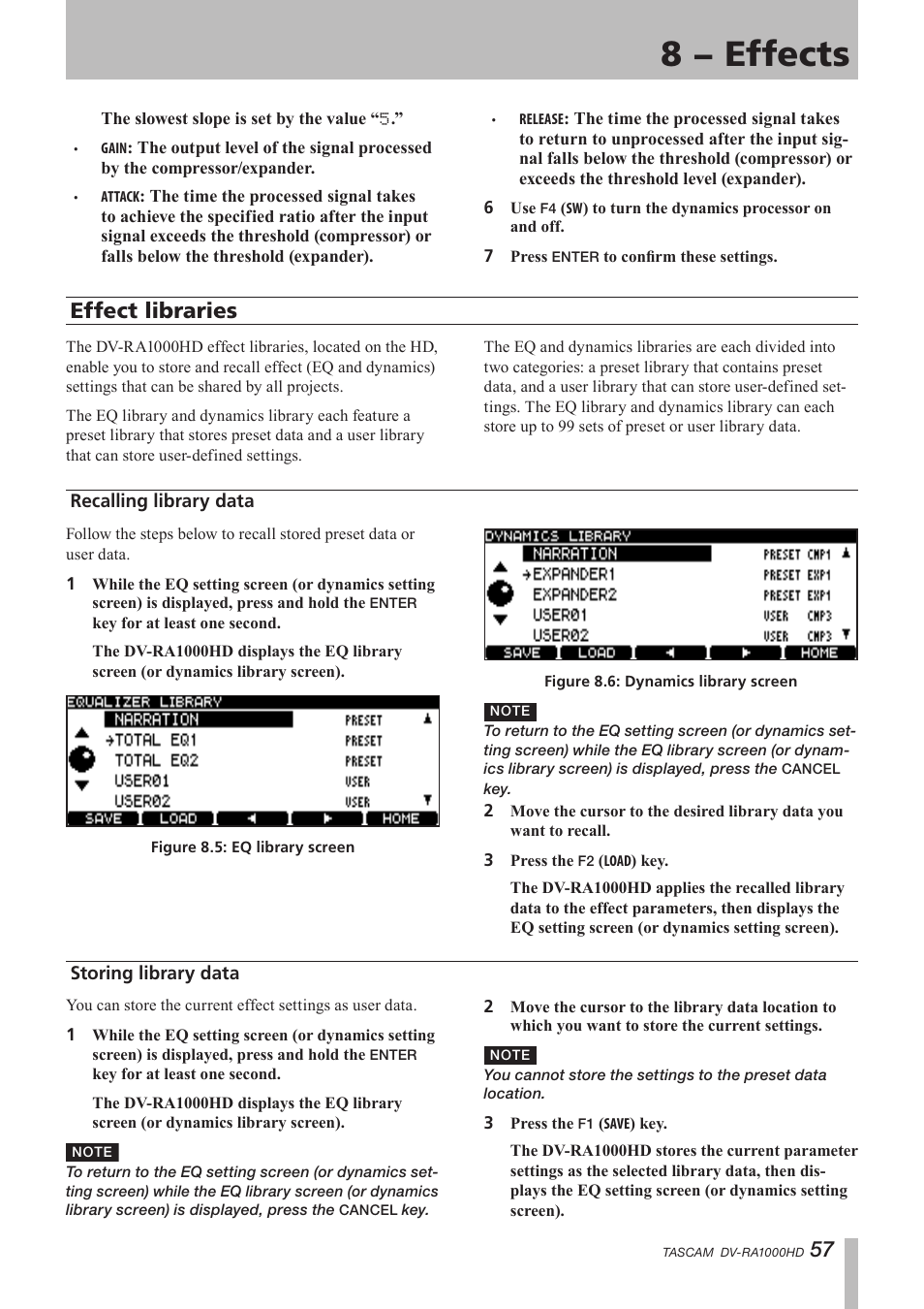 Effect libraries, Recalling library data, Storing library data | 8 − effects | Teac DV-RA1000HD User Manual | Page 57 / 68