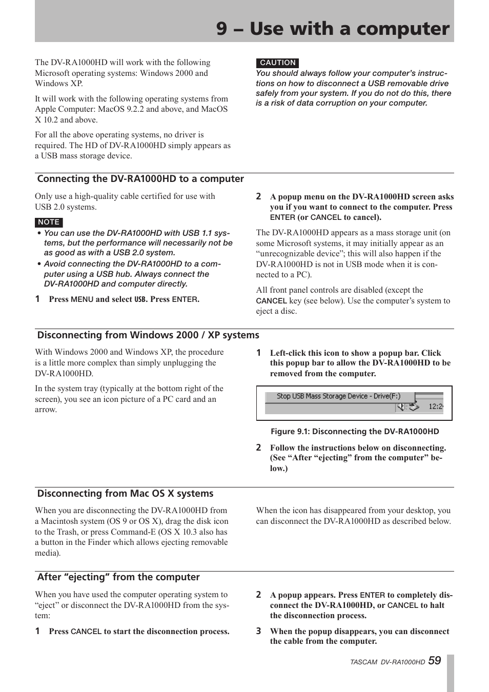 9 − use with a computer, Connecting the dv-ra1000hd to a computer, Disconnecting from windows 2000 / xp systems | Disconnecting from mac os x systems, After “ejecting” from the computer | Teac DV-RA1000HD User Manual | Page 59 / 68