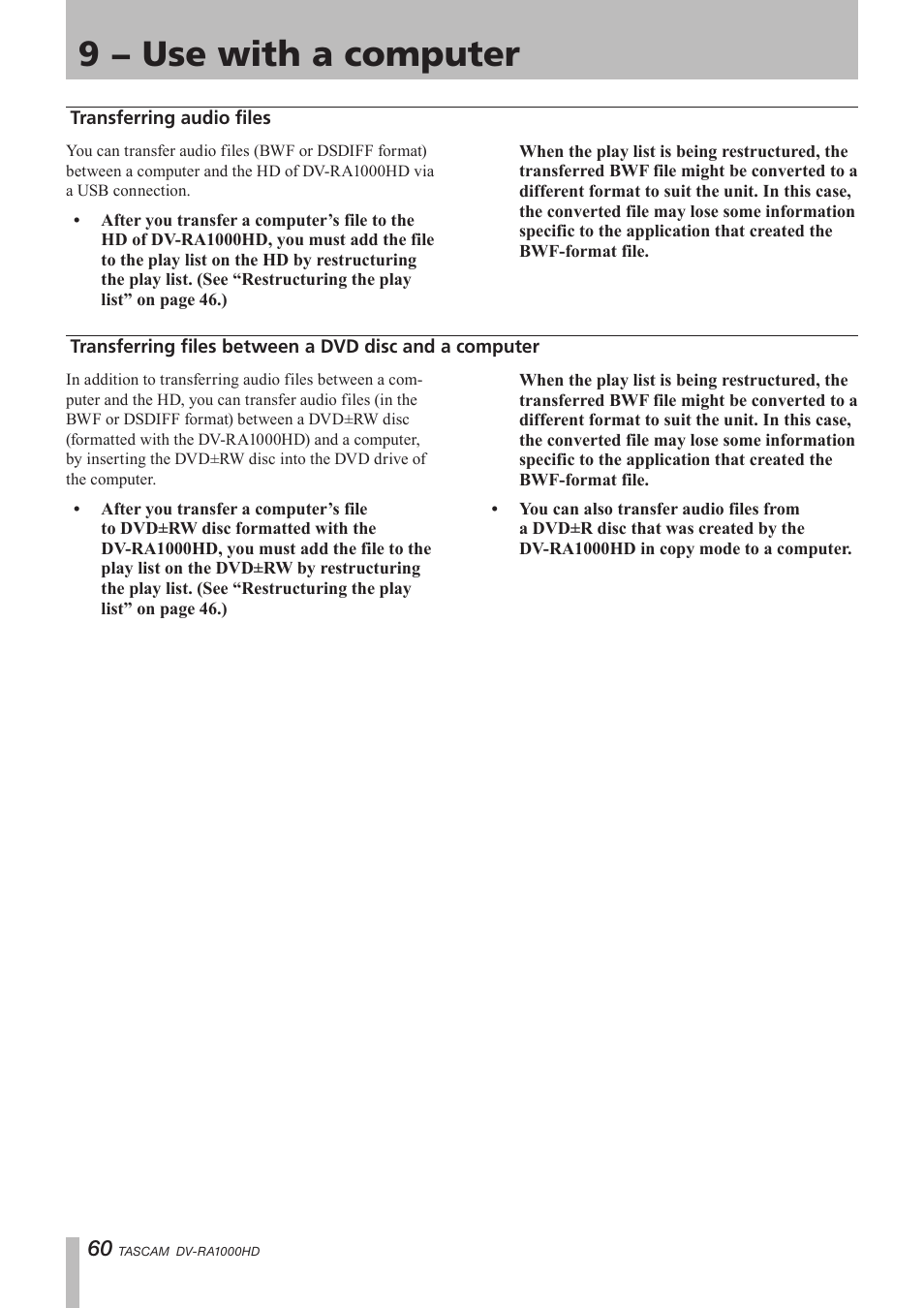 Transferring audio files, 9 − use with a computer | Teac DV-RA1000HD User Manual | Page 60 / 68