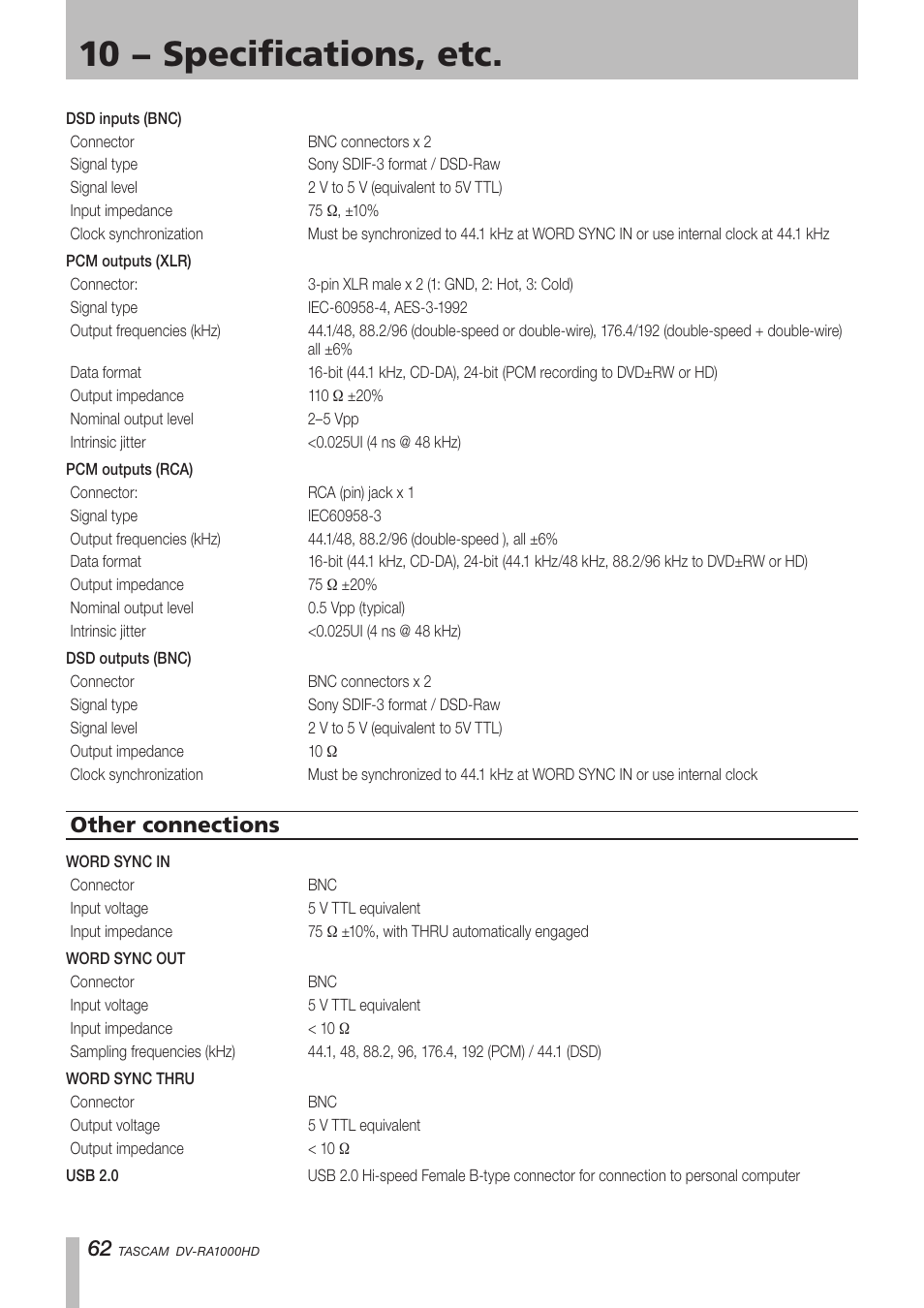 Other connections, 10 − specifications, etc | Teac DV-RA1000HD User Manual | Page 62 / 68