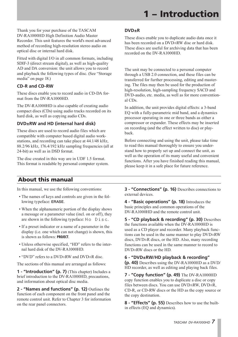 1 − introduction, About this manual | Teac DV-RA1000HD User Manual | Page 7 / 68