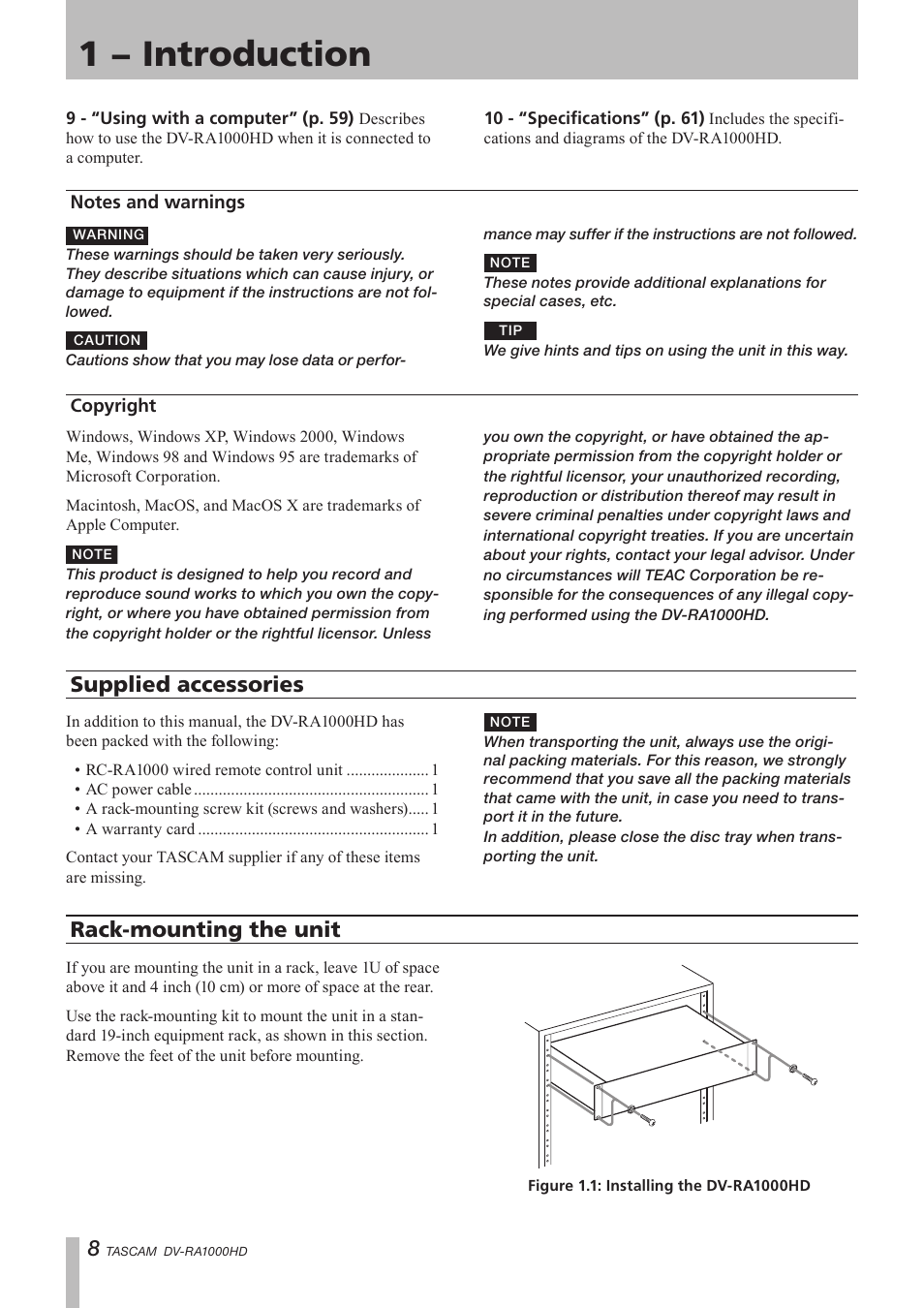 Notes and warnings, Copyright, Supplied accessories | Rack-mounting the unit, 1 − introduction | Teac DV-RA1000HD User Manual | Page 8 / 68