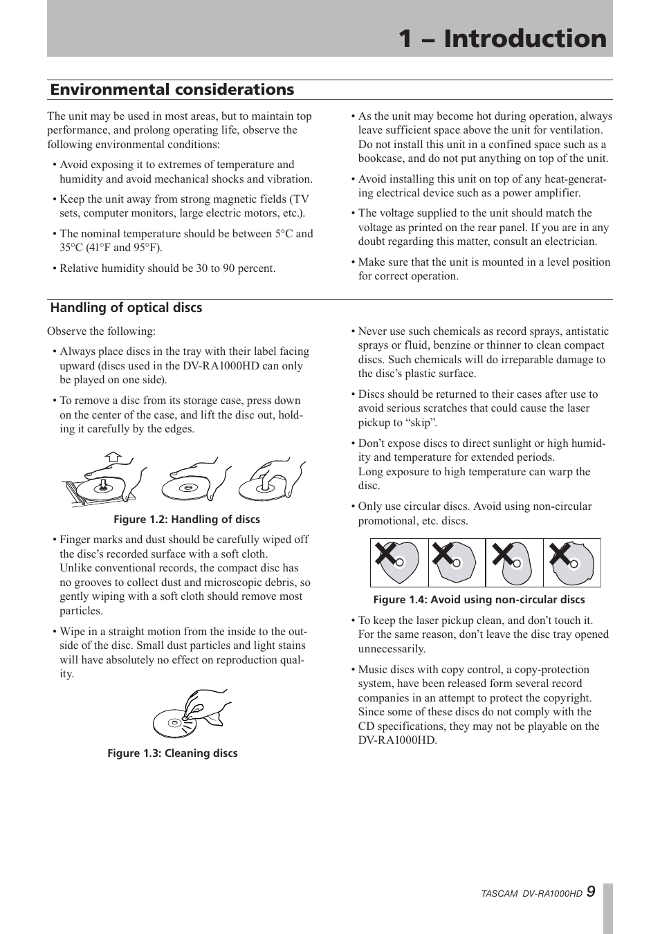 Environmental considerations, Handling of optical discs, 1 − introduction | Teac DV-RA1000HD User Manual | Page 9 / 68