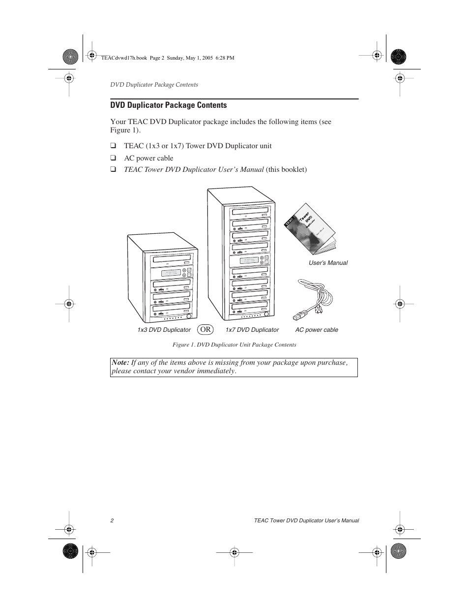 Dvd duplicator package contents, Figure 1. dvd duplicator unit package contents | Teac DVW-D13A User Manual | Page 10 / 40