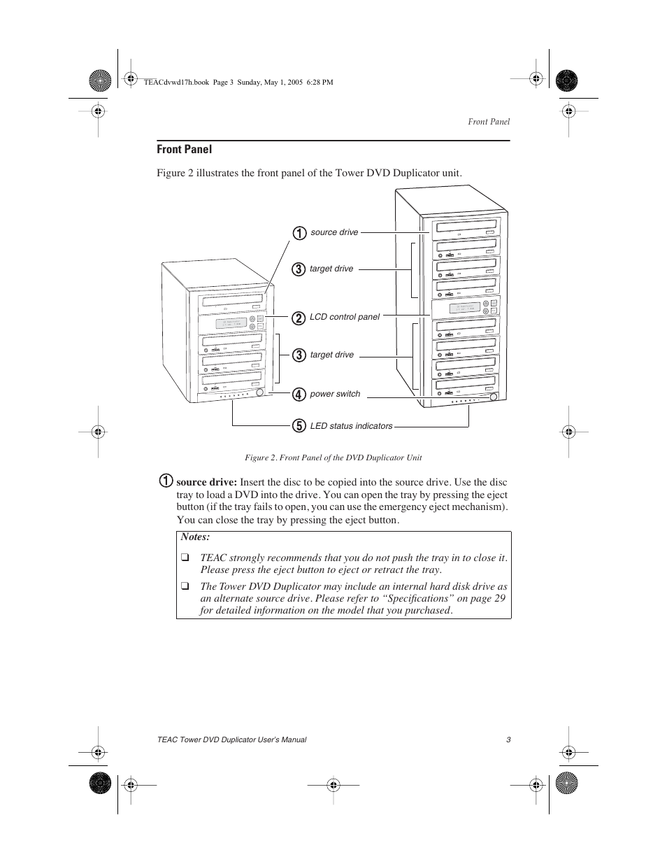 Front panel, Figure 2. front panel of the dvd duplicator unit | Teac DVW-D13A User Manual | Page 11 / 40