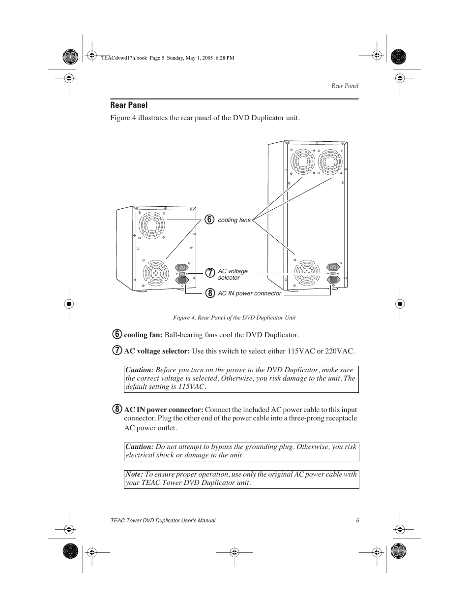 Rear panel, Figure 4. rear panel of the dvd duplicator unit | Teac DVW-D13A User Manual | Page 13 / 40