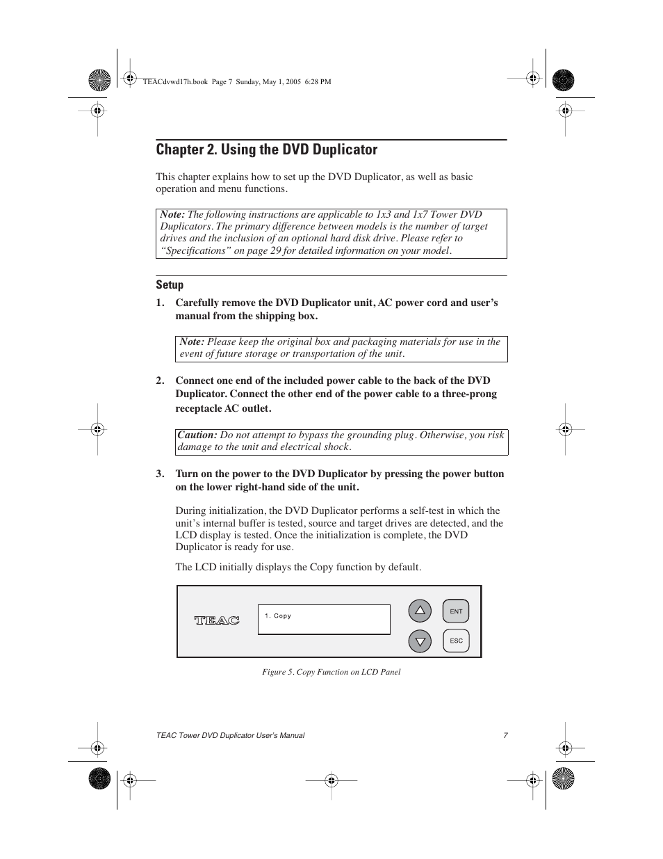 Chapter 2. using the dvd duplicator, Setup, Figure 5. copy function on lcd panel | Teac DVW-D13A User Manual | Page 15 / 40