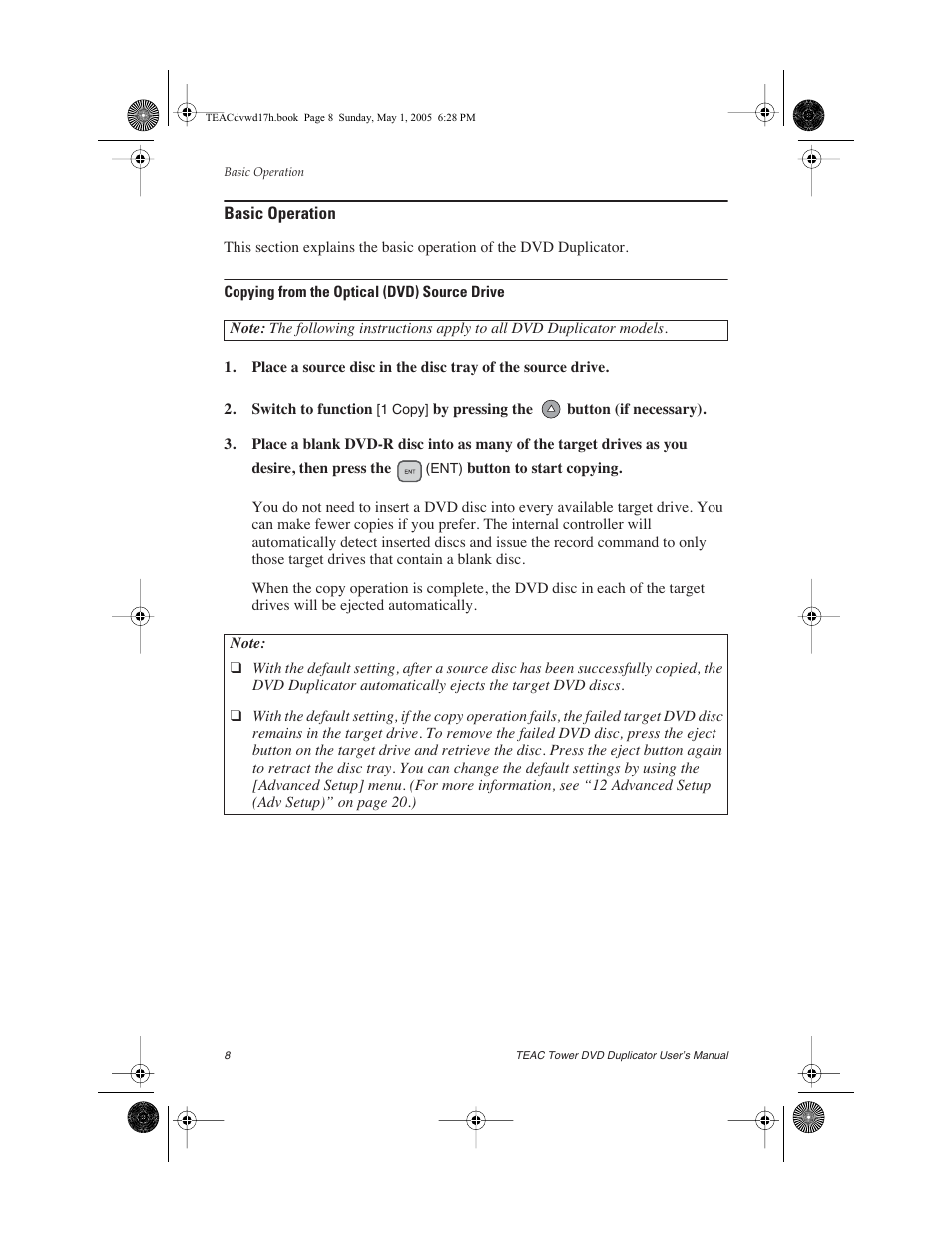 Basic operation, Copying from the optical (dvd) source drive | Teac DVW-D13A User Manual | Page 16 / 40