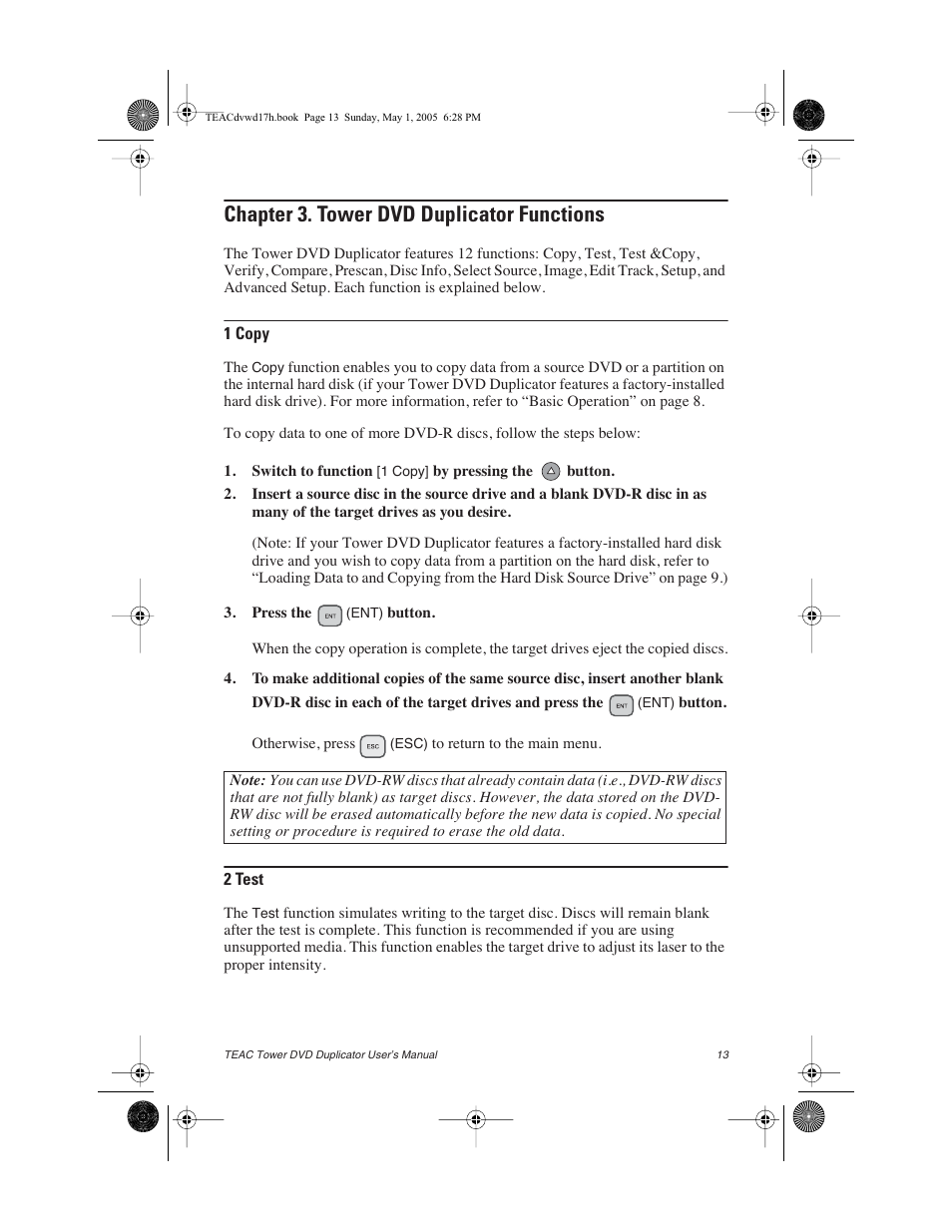 Chapter 3. tower dvd duplicator functions, 1 copy, 2 test | 1 copy 2 test | Teac DVW-D13A User Manual | Page 21 / 40