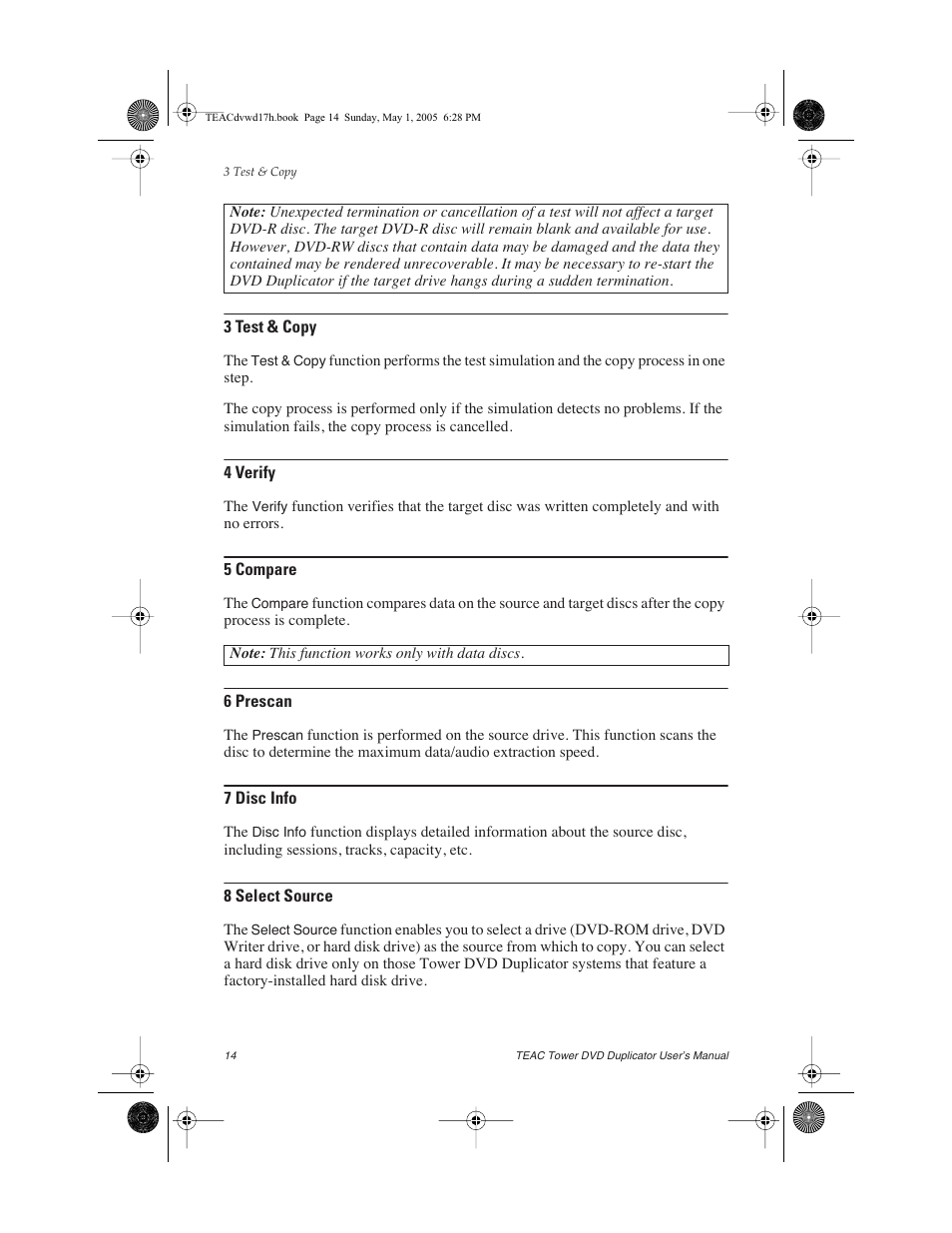 3 test & copy, 4 verify, 5 compare | 6 prescan, 7 disc info, 8 select source | Teac DVW-D13A User Manual | Page 22 / 40