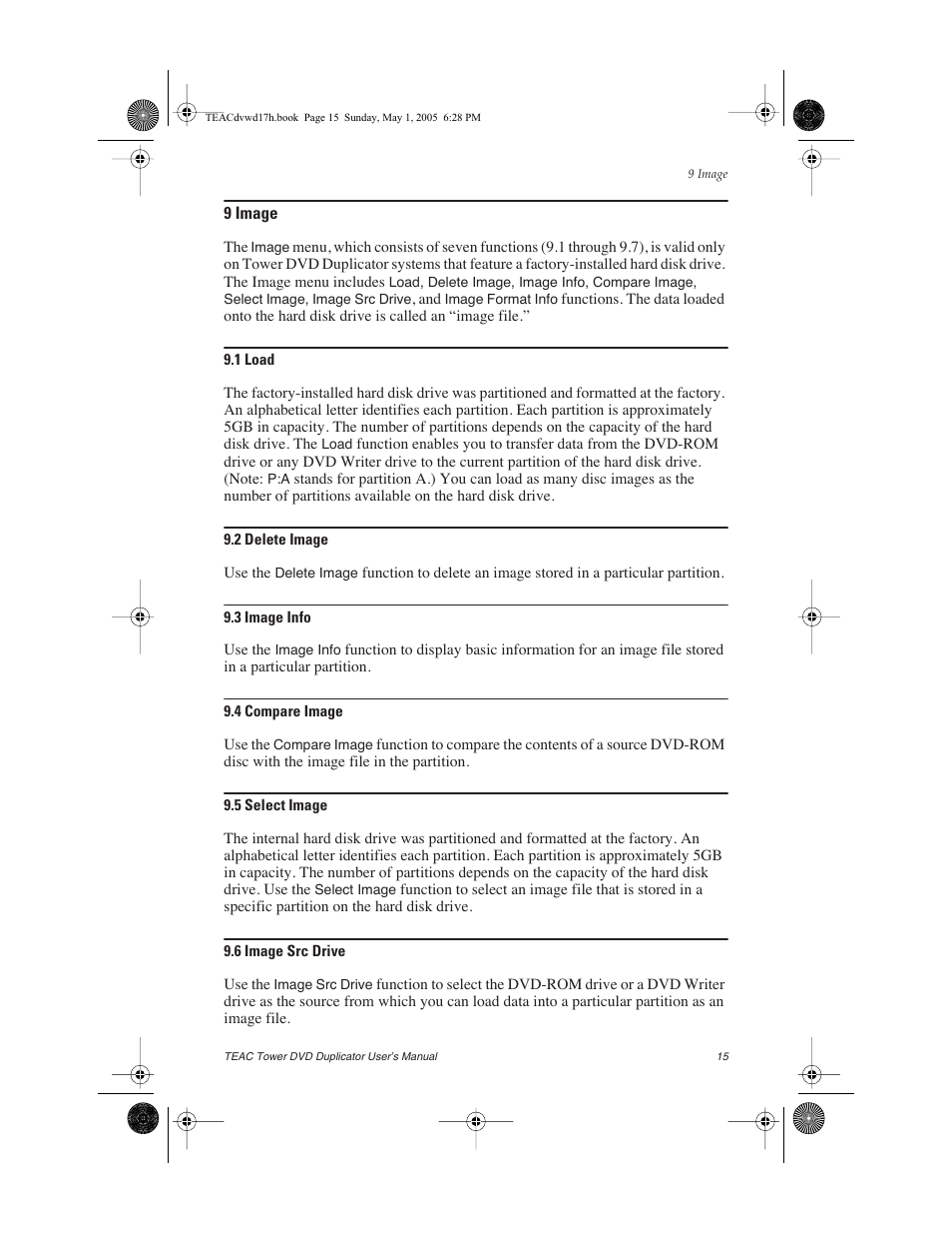 9 image, 1 load, 2 delete image | 3 image info, 4 compare image, 5 select image, 6 image src drive | Teac DVW-D13A User Manual | Page 23 / 40