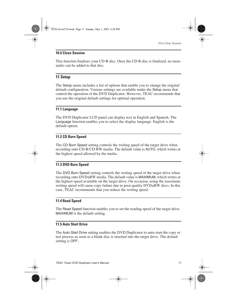 4 close session, 11 setup, 1 language | 2 cd burn speed, 3 dvd burn speed, 4 read speed, 5 auto start drive | Teac DVW-D13A User Manual | Page 25 / 40