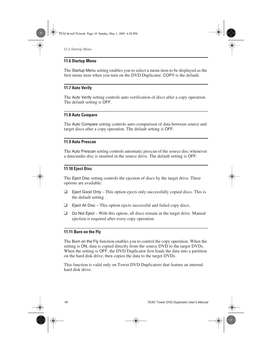 6 startup menu, 7 auto verify, 8 auto compare | 9 auto prescan, 10 eject disc, 11 burn on the fly, 6 startup menu 11.7 auto verify | Teac DVW-D13A User Manual | Page 26 / 40