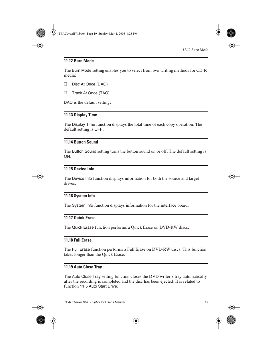 12 burn mode, 13 display time, 14 button sound | 15 device info, 16 system info, 17 quick erase, 18 full erase, 19 auto close tray | Teac DVW-D13A User Manual | Page 27 / 40