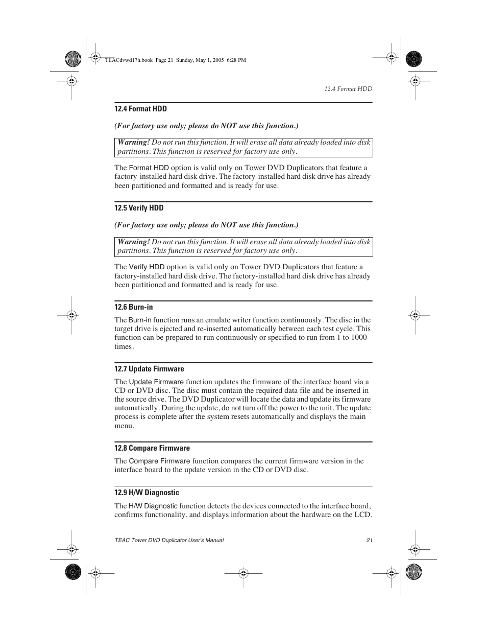 4 format hdd, 5 verify hdd, 6 burn-in | 7 update firmware, 8 compare firmware, 9 h/w diagnostic | Teac DVW-D13A User Manual | Page 29 / 40