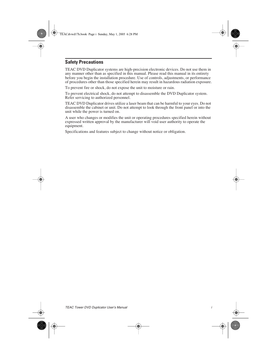 Safety precautions | Teac DVW-D13A User Manual | Page 3 / 40