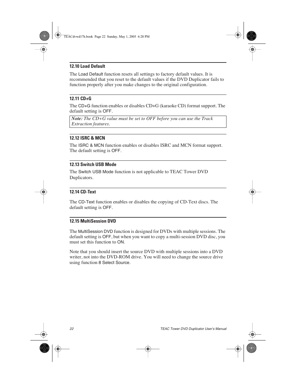 10 load default, 11 cd+g, 12 isrc & mcn | 13 switch usb mode, 14 cd-text, 15 multisession dvd | Teac DVW-D13A User Manual | Page 30 / 40