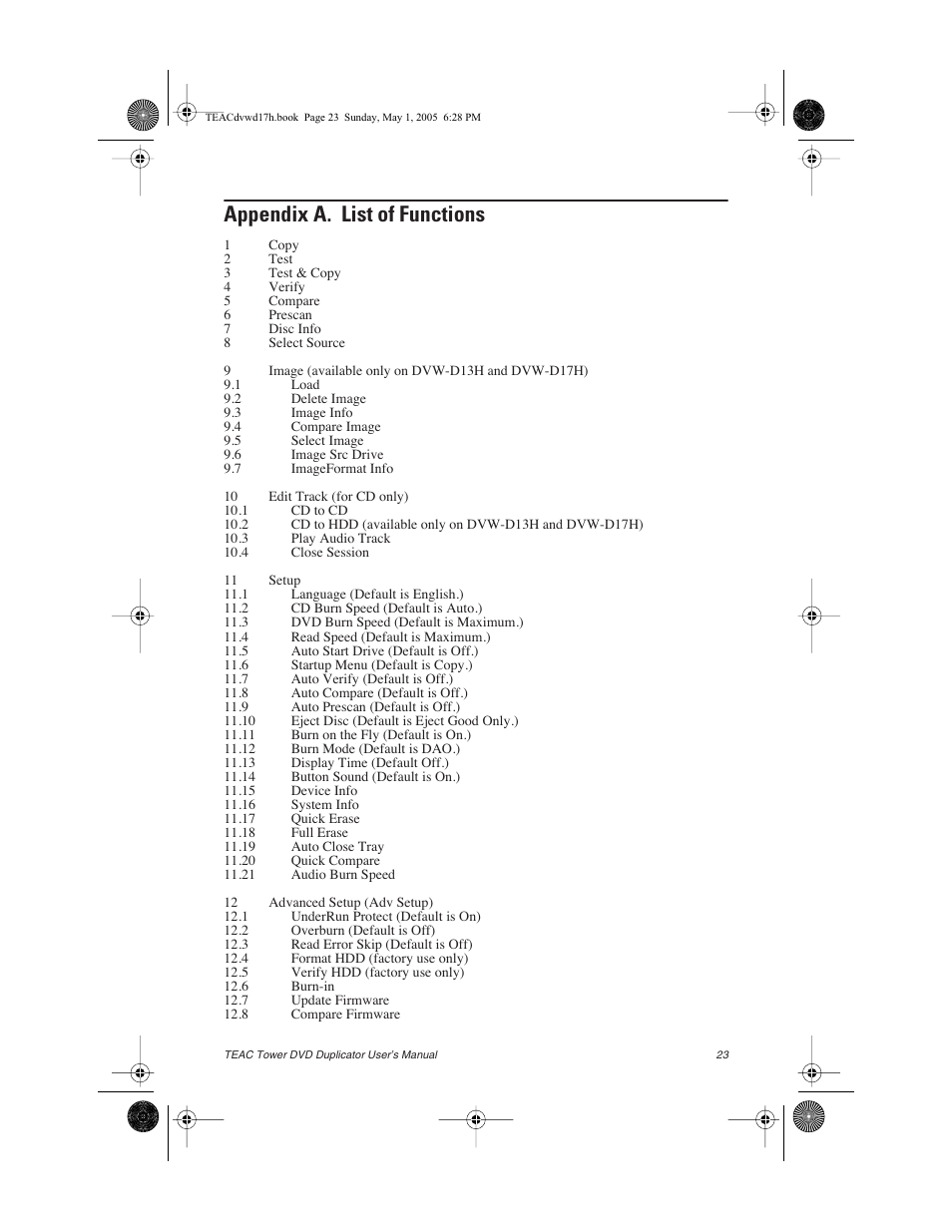 Appendix a. list of functions | Teac DVW-D13A User Manual | Page 31 / 40