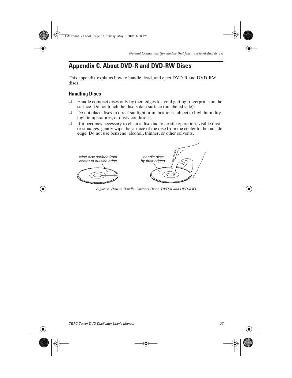 Appendix c. about dvd-r and dvd-rw discs, Handling discs | Teac DVW-D13A User Manual | Page 35 / 40