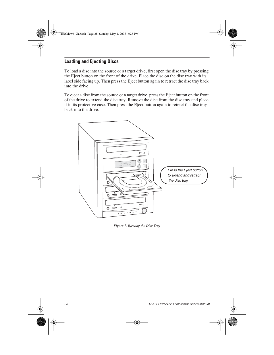 Loading and ejecting discs, Figure 7. ejecting the disc tray | Teac DVW-D13A User Manual | Page 36 / 40