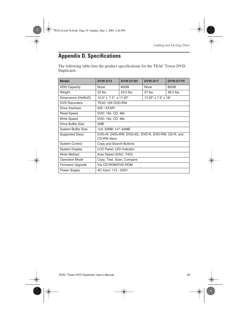 Appendix d. specifications | Teac DVW-D13A User Manual | Page 37 / 40