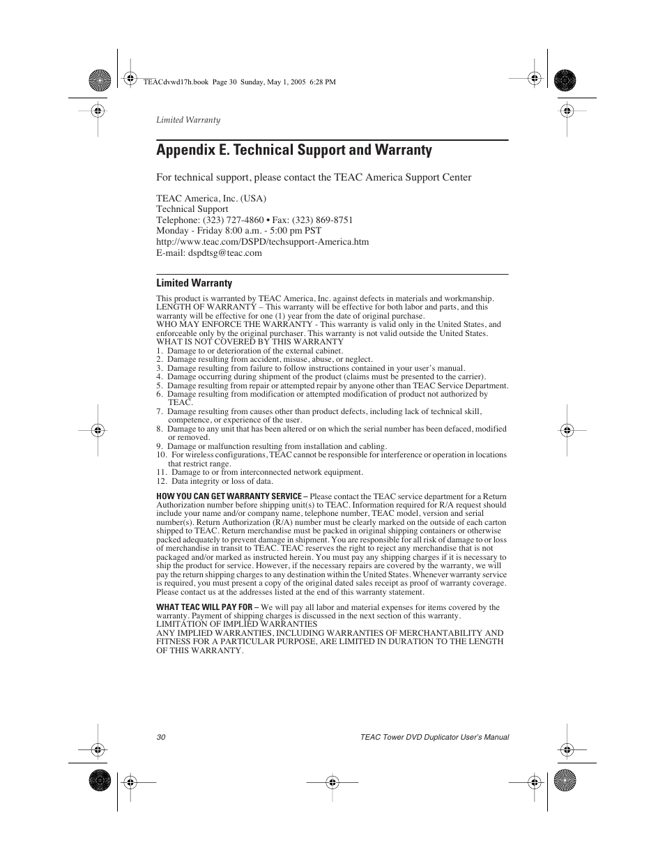 Appendix e. technical support and warranty, Limited warranty | Teac DVW-D13A User Manual | Page 38 / 40