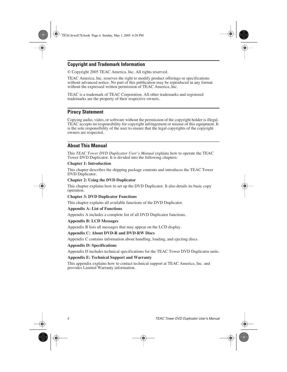 Copyright and trademark information, Piracy statement, About this manual | Teac DVW-D13A User Manual | Page 4 / 40