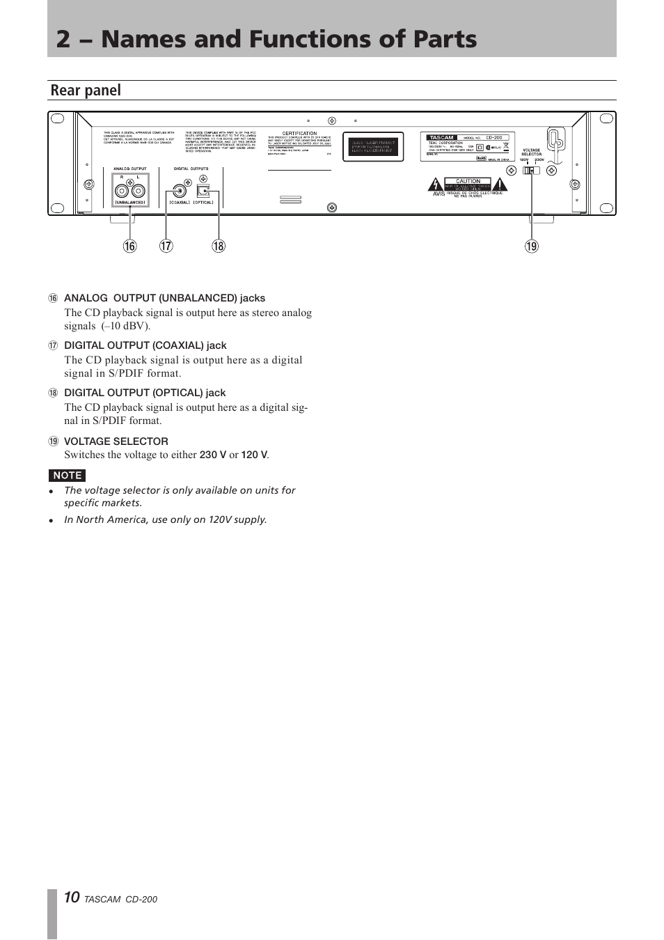 Rear panel, 2 − names and functions of parts | Teac CD-200 Rev.C User Manual | Page 10 / 28