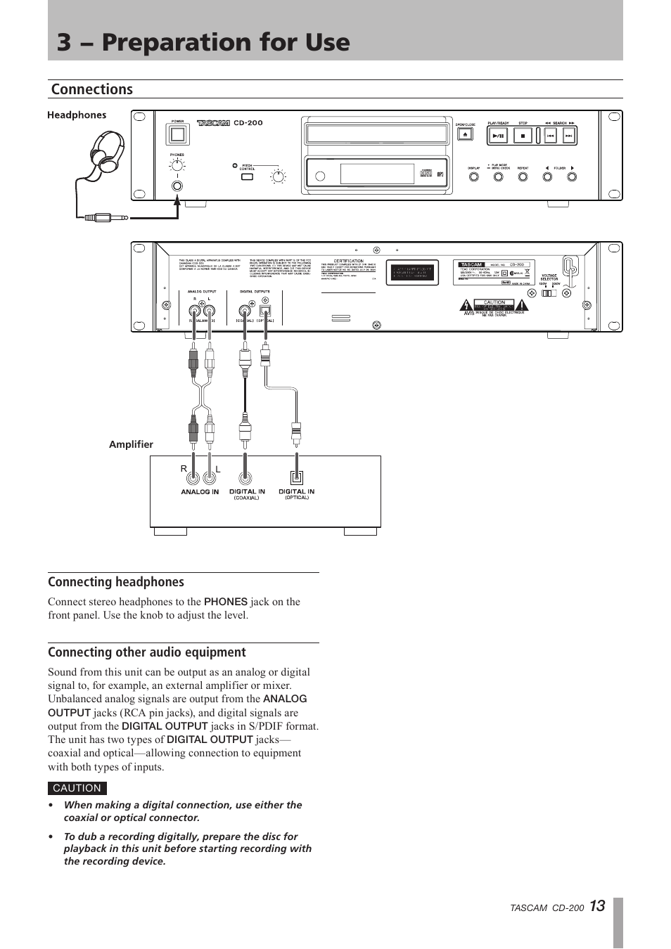 3 − preparation for use, Connections, Connecting headphones | Connecting other audio equipment | Teac CD-200 Rev.C User Manual | Page 13 / 28