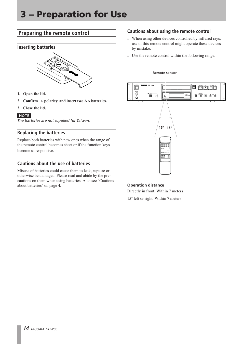 Preparing the remote control, Inserting batteries, Replacing the batteries | Cautions about the use of batteries, Cautions about using the remote control, 3 − preparation for use | Teac CD-200 Rev.C User Manual | Page 14 / 28